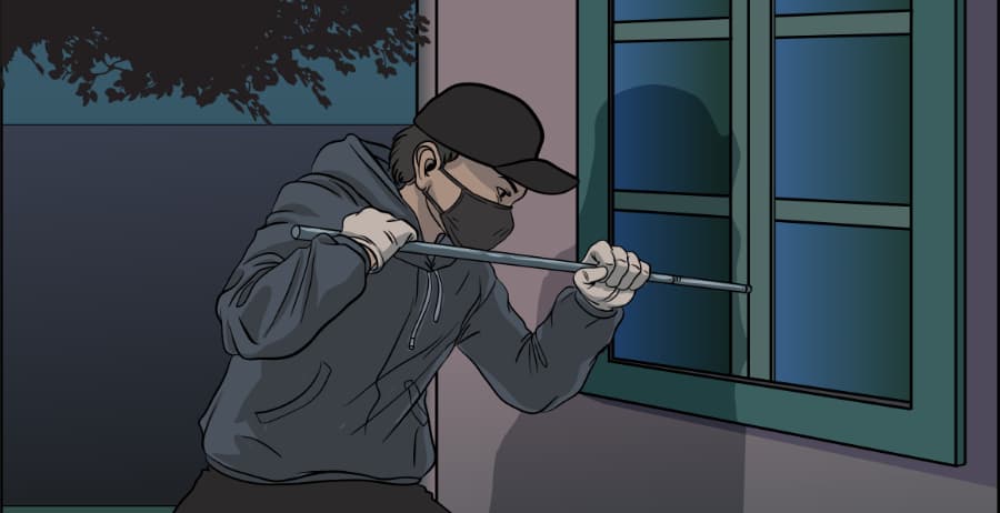 Illustration of burglar forcing entry through a window in Philadelphia